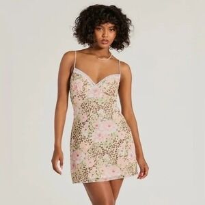 Windsor‎ Y2K Leopard & Floral Glam Aline Mini dress Sleeveless V Neck Size Med